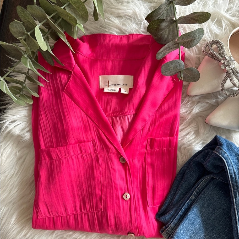 Anthropologie Pink Notched Collar Button Down Shirt